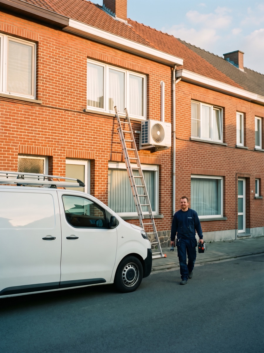 Technicus van een koeltechnisch bedrijf draagt zijn gereedschap naar de bestelwagen, voor een Vlaamse rijwoning met ladder en verse buitenunit.