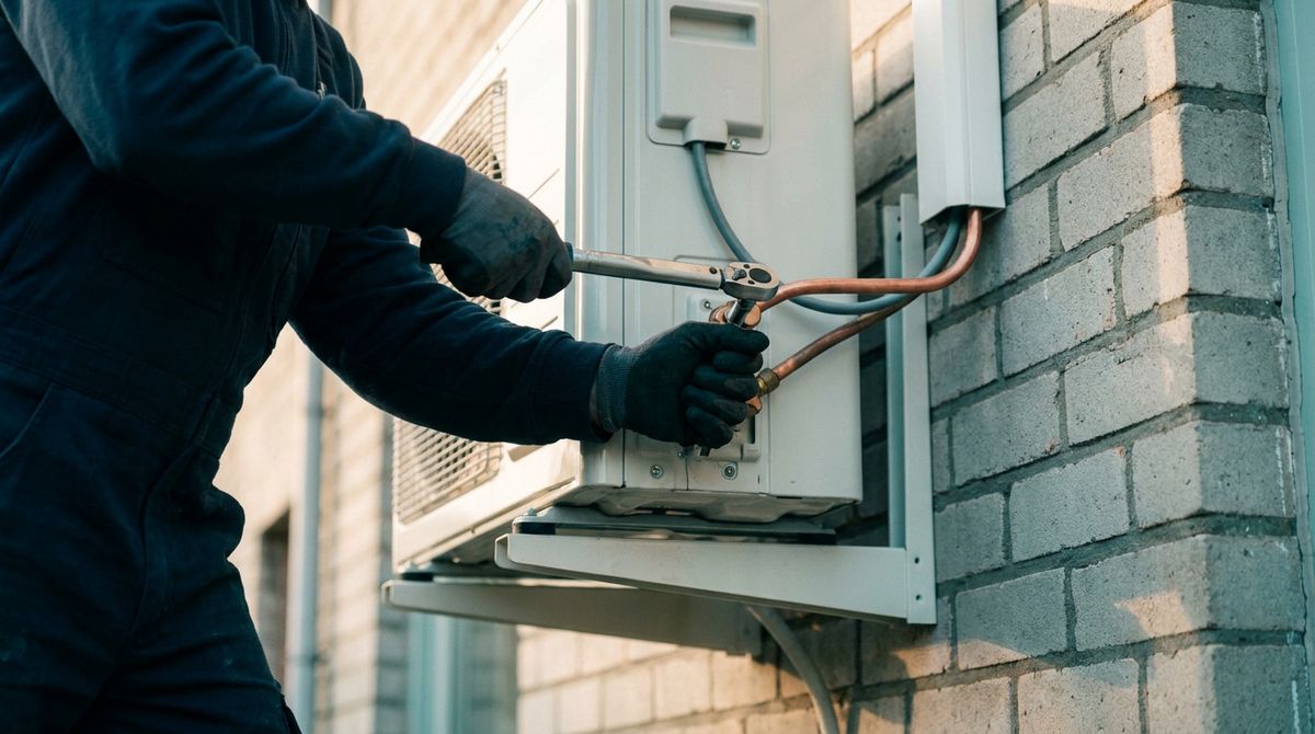 Handen van een installateur die een koperen koelleiding met een momentsleutel aansluit op een airco-buitenunit tegen een gevel.